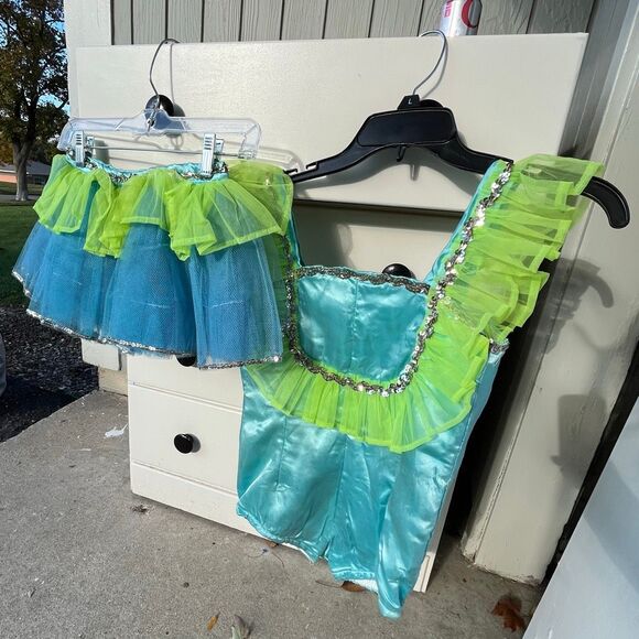 VTG Handmade 2-Piece Dance Costume Blue Lime Tulle Set SZ Child M (Est.) - Picture 13 of 14